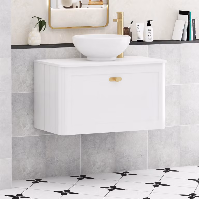 Royal Bathrooms Henley 800mm Gloss White Wall Hung Vanity Unit with Breeze Basin and Brushed Brass Knob