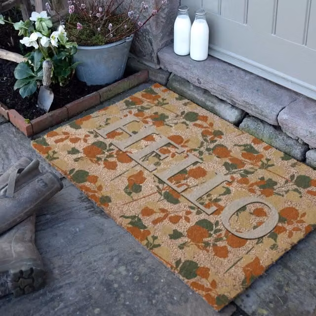 Artsy Mats Hello Floral Coir Doormat in Brown and Multicolour, W: 90 cm, D: 60 cm – 1