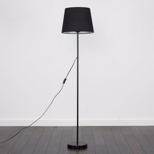 ValueLights Charlie Single Stem Floor Lamp with Tapered Fabric Lampshade in Black
