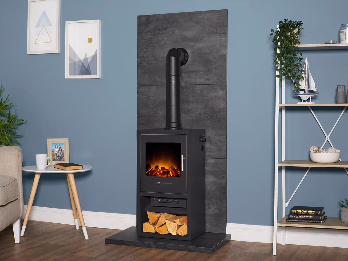Acantha Bergen XL Electric Wall Mounted Stove and Tile and Hearth Set in Grey with Slate Venetian Plaster Effect – 2