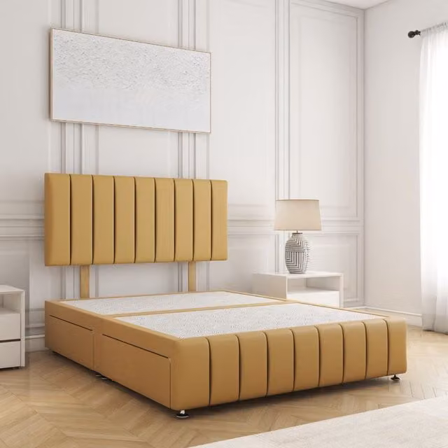 BSSPOKE Sierra Plush Velvet Divan Bed Set with 24 inch Headboard and 4 Drawers, Mustard Yellow, Super King, W/D/H: 200 x 200 cm