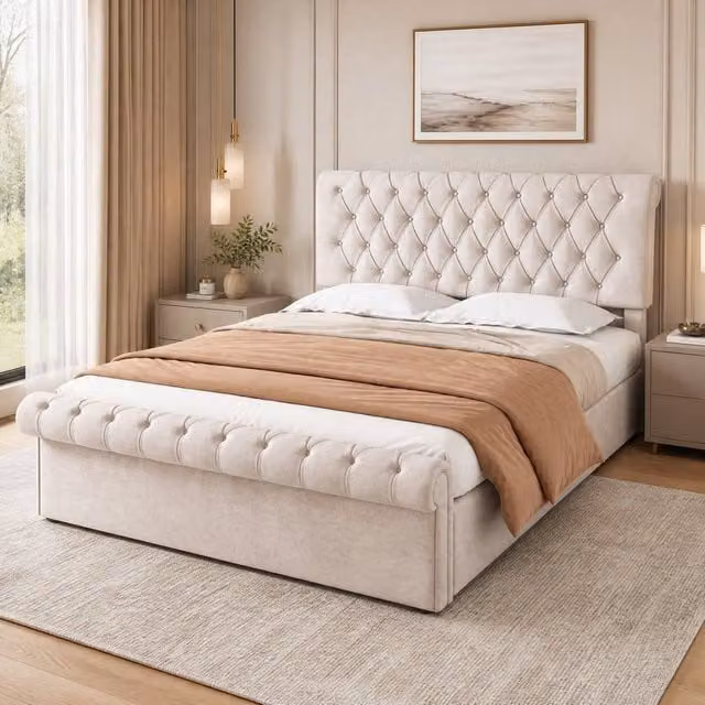 STILVORA Double Ottoman Bed with Storage in Beige Velvet, W/D/H: 135 x 190 x 48 cm