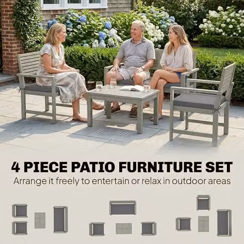 Outsunny 4 Seater Acacia Wood Garden Furniture Set with Grey Cushions – 3
