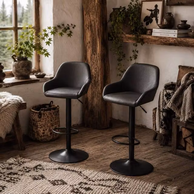 Wyld Haus Falani Set of 2 Black Faux Leather Adjustable Swivel Bar Stools with Armrests