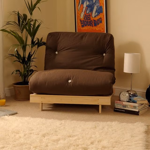 Cloud Nine Brown and White Cotton Futon Chair Fold Out Sofa Bed with Solid Pine Wood Frame, W/D/H: 90 x 190 cm