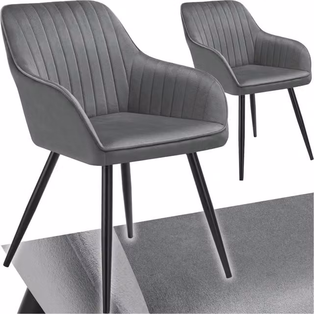 TECTAKE Marilyn Dining Chair in Grey Quilted Velvet with Steel Legs