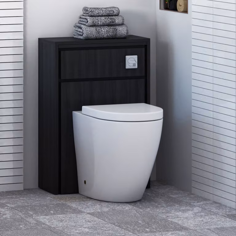 Livora Black Woodgrain BTW WC Unit with Elva Rimless Short Projection Ceramic Toilet Pan, Seat and Cistern, Width: 55.5 cm