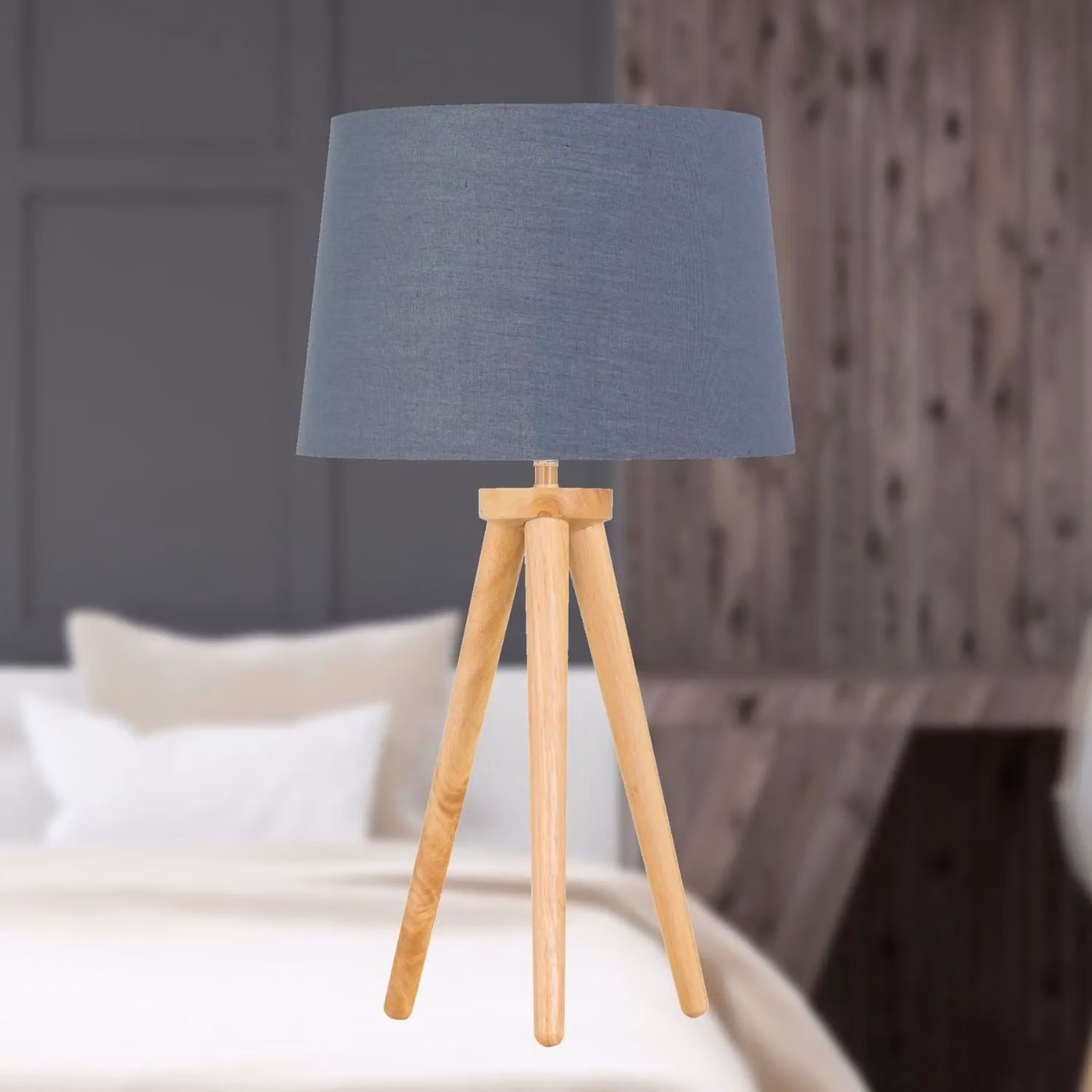 First Choice Lighting Voyage Light Oak Table Lamp with Grey and Gold Fabric Shade in Brown, H 51.0 cm x W 28.5 cm x D 28.5 cm – 3