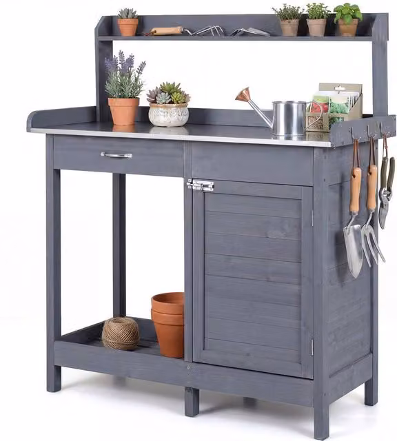 Costway Grey Wooden Garden Potting Bench Table with Lockable Cabinet and Stainless Steel Accents – 1