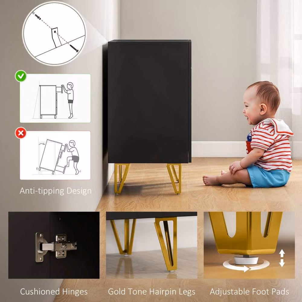 Wyld Haus Diro Modern High Gloss Black Sideboard with Geometric Pattern and Gold Hairpin Legs – 4
