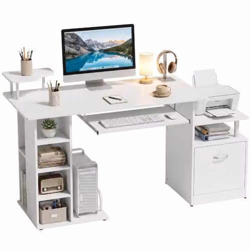 HOMCOM Modern Computer Desk in White and Silver, W/D/H: 120 x 60 x 76 cm