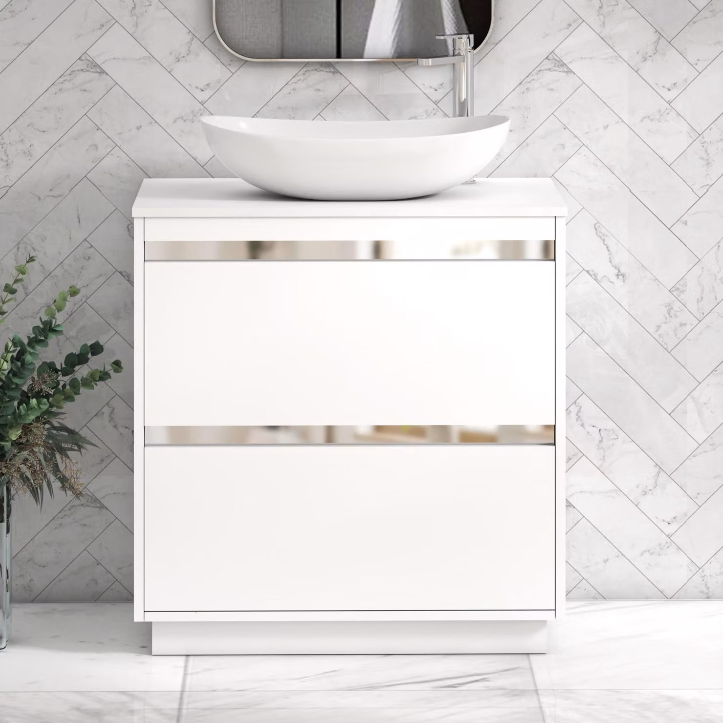 Royal Bathrooms Orion 800mm Matt White Floor Standing 2 Drawer Vanity Unit with Cesar Basin and Chrome Accent Trim