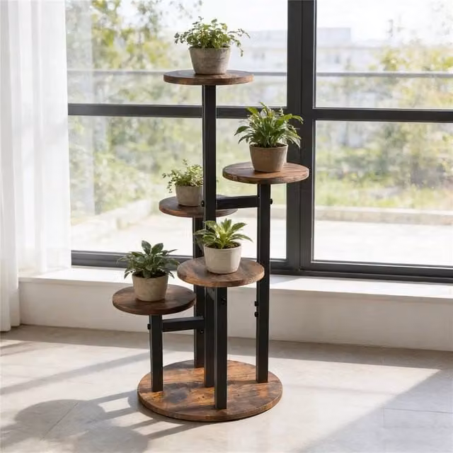 Kelvenix Retro Tiered Plant Stand in Brown with Metal and Wood Shelves, H: 83.0 cm x W: 33.0 cm x D: 5.0 cm