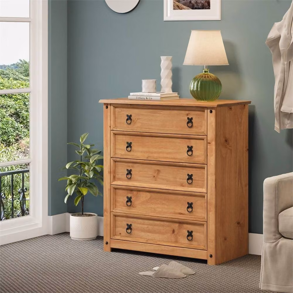 Nordara Rustic Mexican Solid Pine 5 Drawer Chest in Brown and Black – 2