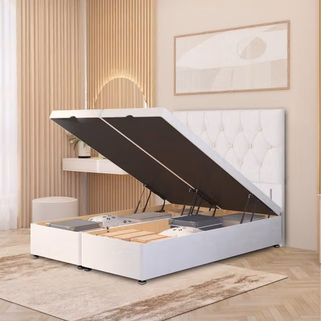 Somnior Beds Ltd Chesterfield Velvet Ottoman Bed with Gas Lift and 54 inch Floor Standing Headboard, White, W/D/H: 140 x 200 x 137 cm