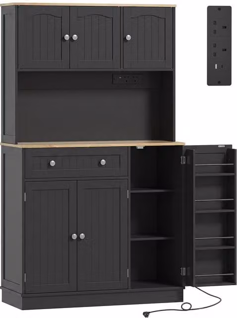 HOMCOM Black Tall Kitchen Cupboard with Charging Station and Adjustable Shelves, Height: 173 cm, Width: 100 cm, Depth: 47.5 cm – 1