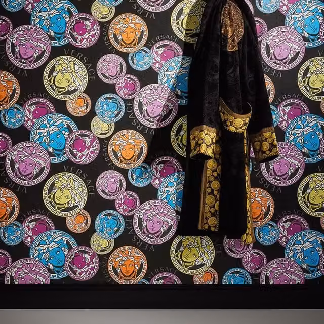 Versace Abstract Medusa Faces Wallpaper in Black and Multicolour