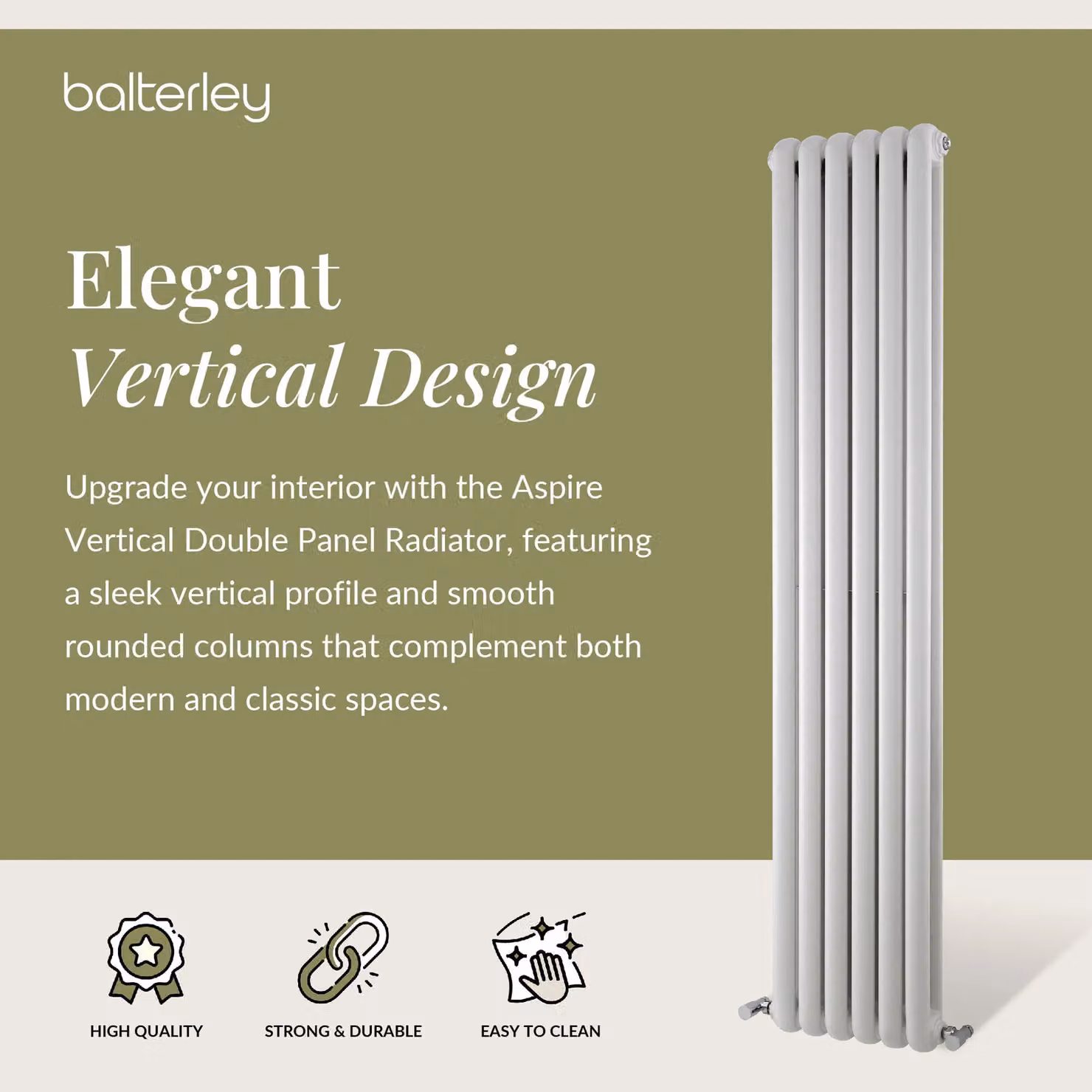 Balterley Aspire Vertical Double Panel Radiator, Gloss White, H: 180 cm, W: 38.3 cm – 2
