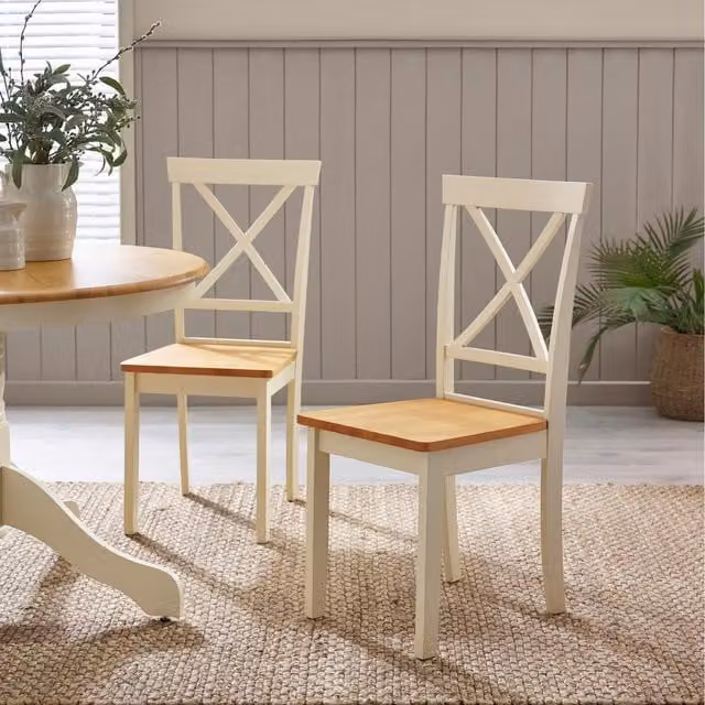 FurnitureboxUK Millford Set of 2 Solid Rubberwood Cross Back Dining Chairs in Oak and Cream