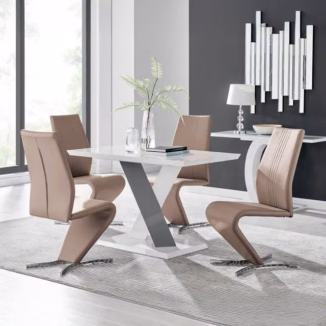 Furniturebox Monza White High Gloss Rectangular Dining Table and 4 Willow Chairs in Cappuccino