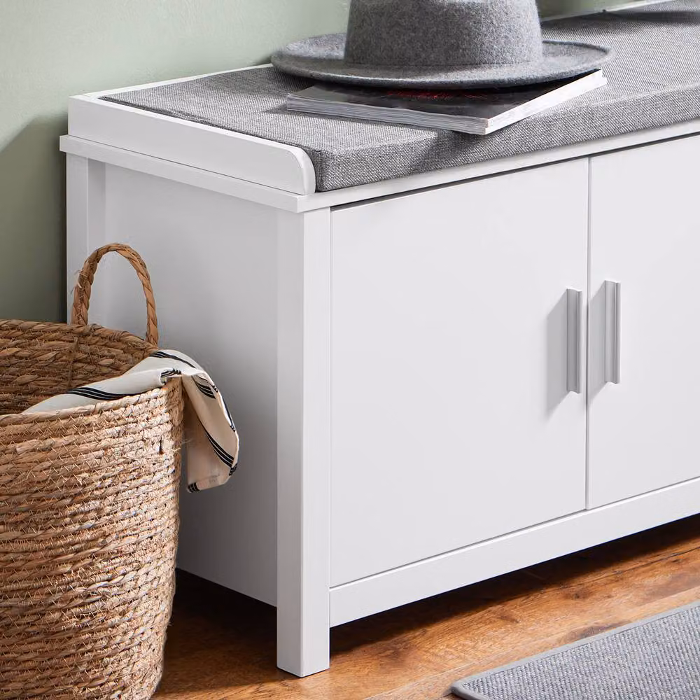 SoBuy Modern Shoe Cabinet Bench with Grey Fabric Cushioned Seat in White – 6