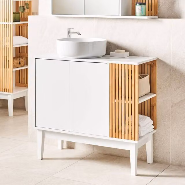 Wyld and Coco White and Light Wood Freestanding Washbasin Cabinet with Bamboo Accents, W/D/H: 74 x 35 x 80 cm