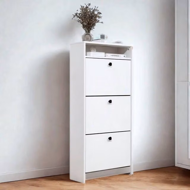 Pirlo Plush White 3 Drawer Hallway Shoe Storage Cabinet with Open Shelf, W/D/H: 132 x 24 x 18 cm – 1