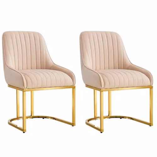 Hygrad Set of 2 Velvet Armless Dining Chairs with Gold Metal Legs in Beige