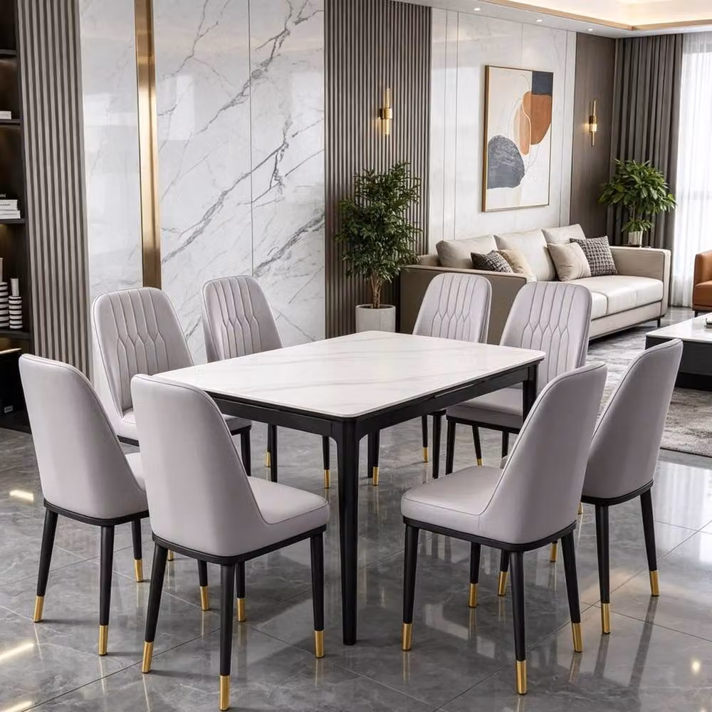 FLAVORA Set of 6 Grey Faux Leather Dining Chairs with Metal Legs – 3