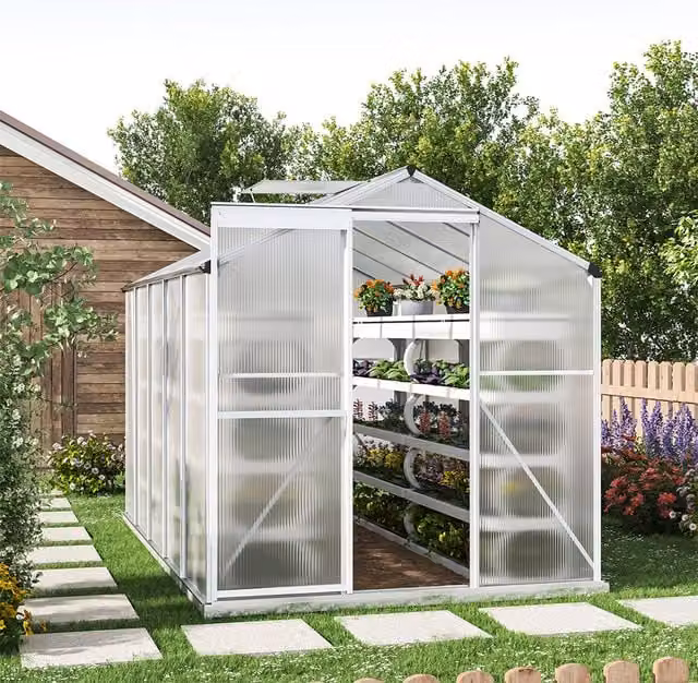 Livingandhome White Aluminium Garden Greenhouse with Polycarbonate Panels, W/D/H: 313 x 200 x 190 cm