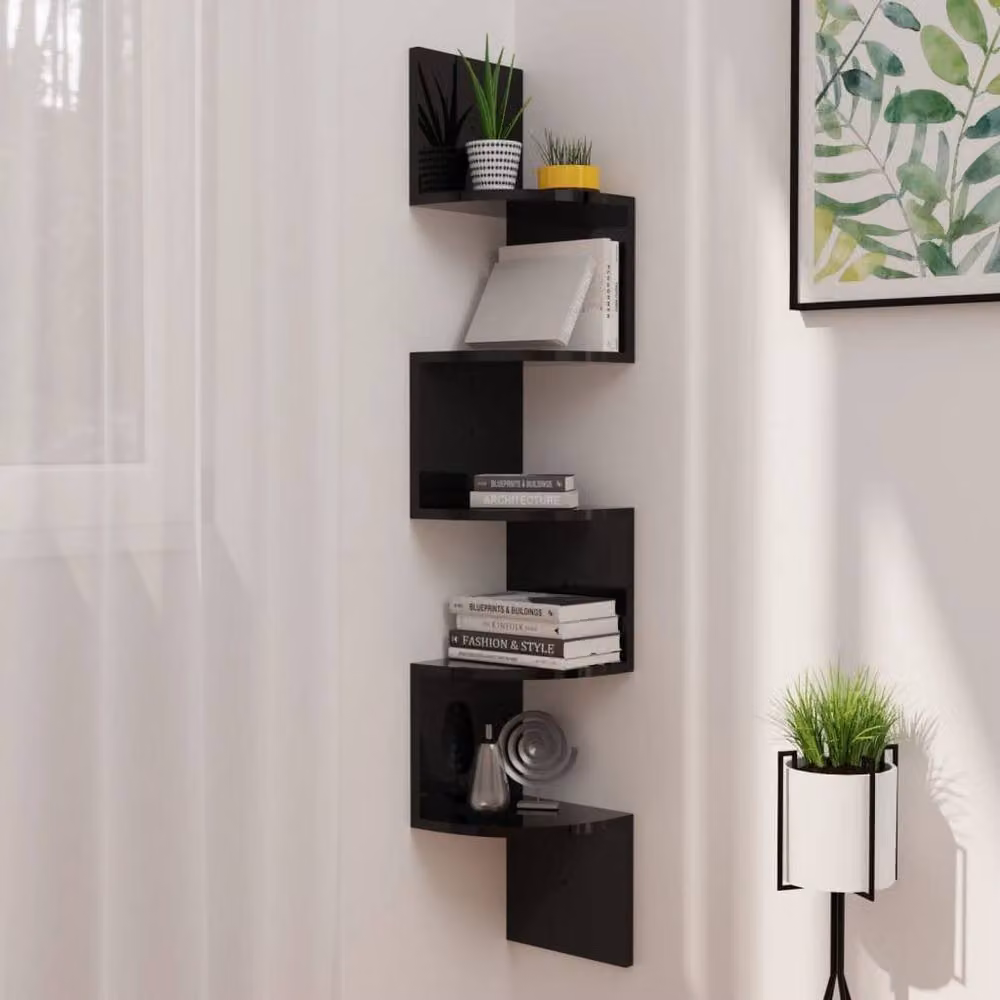 Berkfield Home Wall Mounted Corner Shelf in High Gloss Black, W/D/H: 19 x 19 x 123 cm – 2