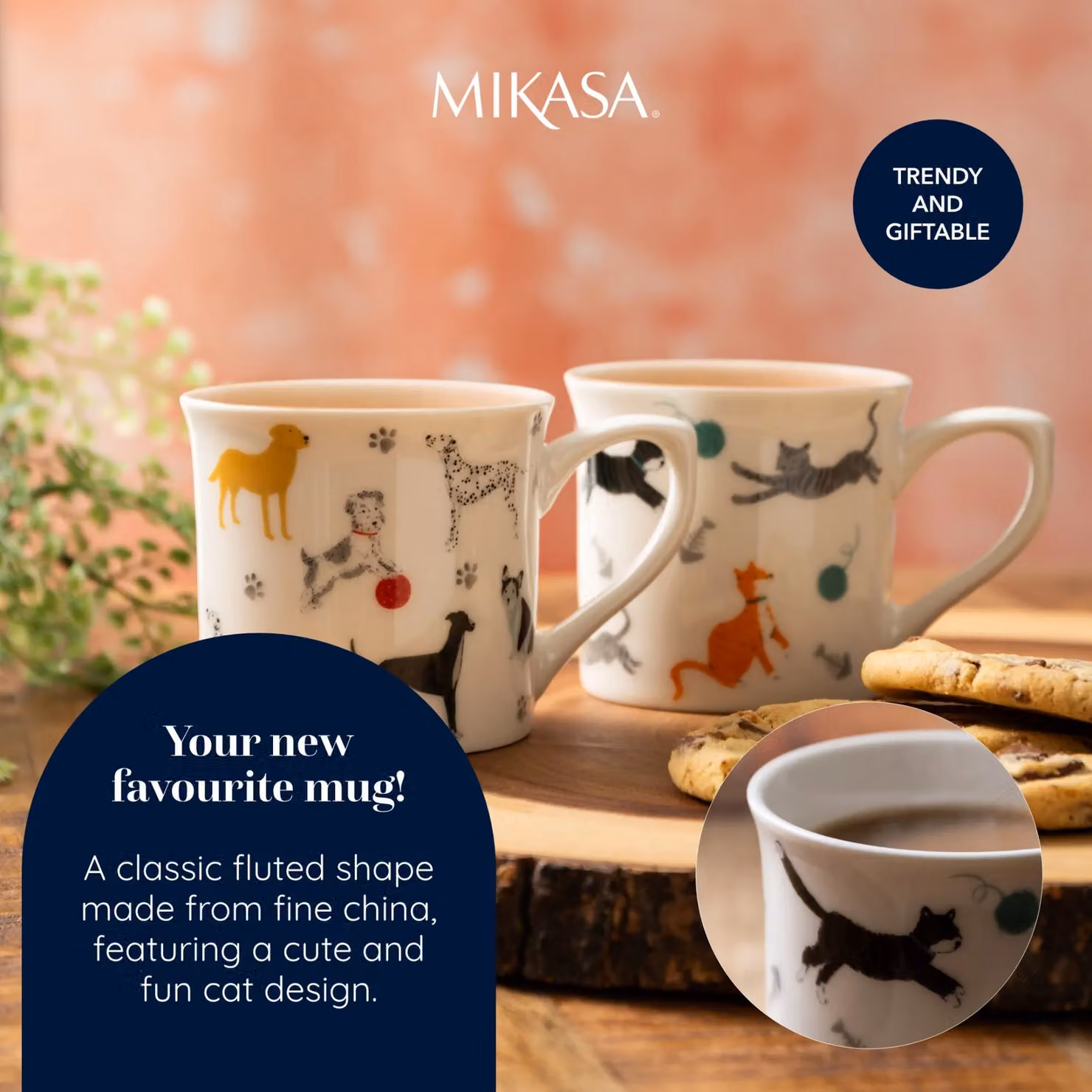 Mikasa Fine Bone China Fluted Mug, Cat, White and Multicolour, 250 ml – 5