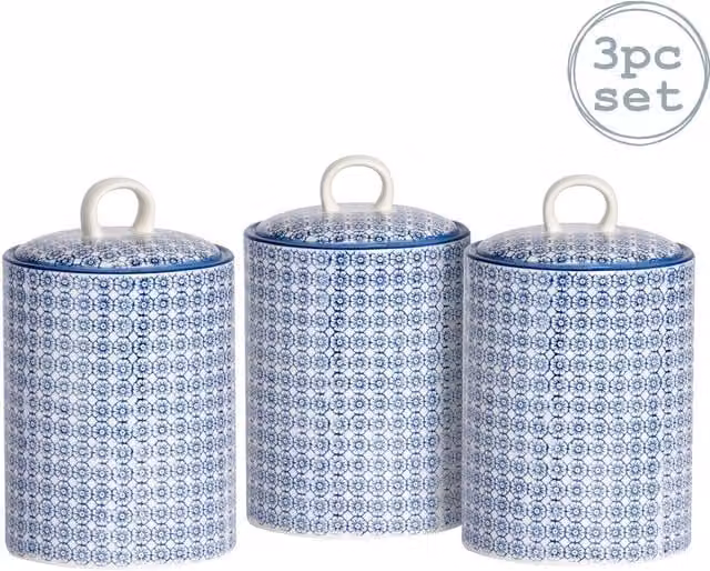 Nicola Spring Blue Geometric Ceramic Airtight Kitchen Canister Set, Pack of 3, Height: 15.6 cm