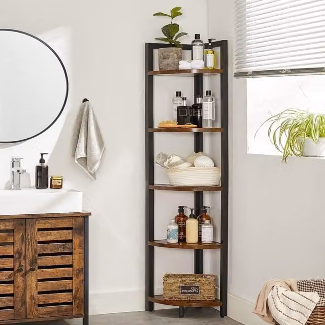 The Bazaarist 5 Tier Industrial Corner Storage Shelf and Plant Stand in Black and Rustic Brown