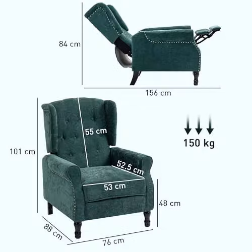 HOMCOM Vintage Recliner Armchair in Green with Solid Wood Frame – 3