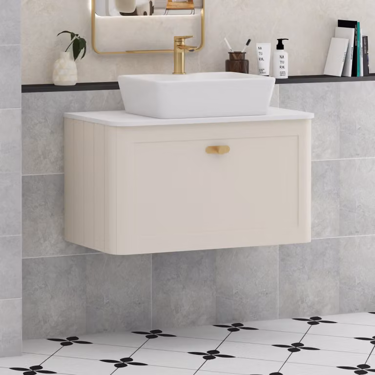 Royal Bathrooms Henley 800mm Mushroom Cashmere Wall Hung Vanity Unit with 1 Drawer, Plain White Worktop, Cube Basin and Brushed Brass Knob