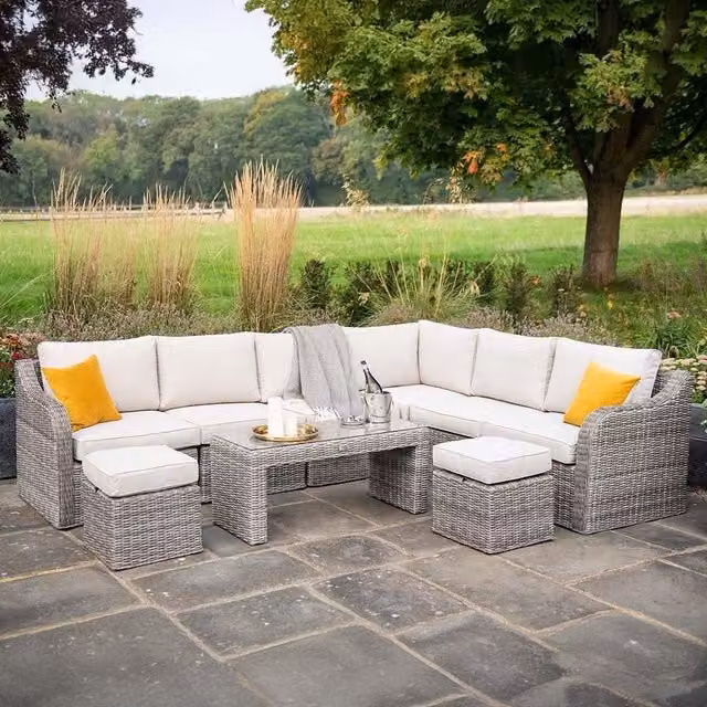 Primrose Living Luxury 8 Seater Modular Rattan Garden Furniture Set with Coffee Table and Ottomans in Grey