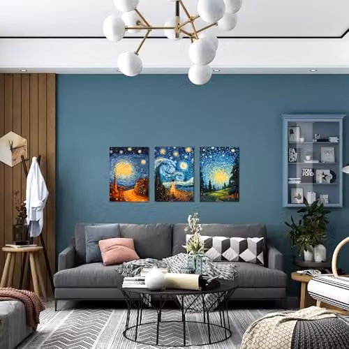 Simpa 3 Panel Canvas Wall Art, Blue and Multicolour Starry Night Inspired Abstract Painting, W/H: 60 x 40 cm per panel – 4