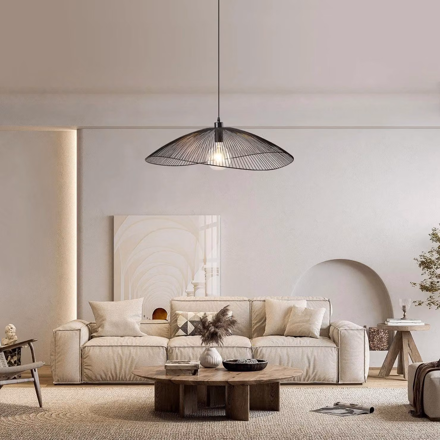 Harper Living Contemporary Large Black Metal Pendant Ceiling Light with Curved Thread Shade, Diameter: 80 cm – 2