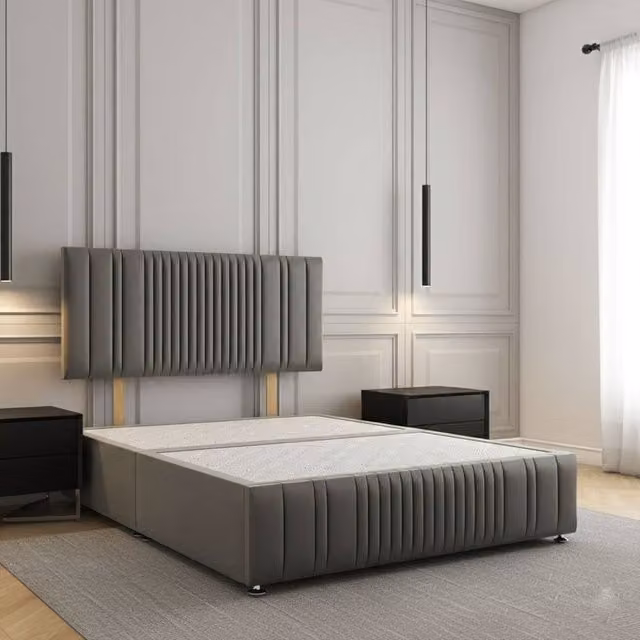 REGIONAL FURNISHINGS Grey Plush Velvet Upholstered Divan Bed with 24 inch Headboard and Footboard, King Size, W/D/H: 180 x 200 cm