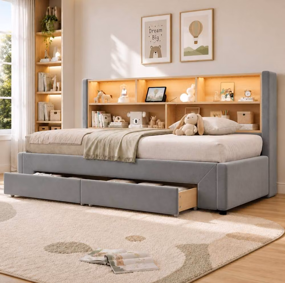 STILVORA Grey Velvet Upholstered Single Day Bed with LED Headboard, USB Charging Port and Drawers, W/D/H: 90 x 190 x 82.5 cm – 2