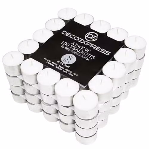 Deco Express Unscented White Tealight Candles, 8 Hour Burn Time, Pack of 100