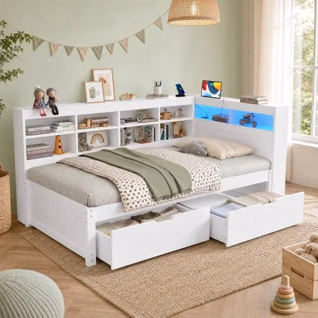 STILVORA White Single Bed Frame with USB Charging Port and Drawers, W: 90 cm x L: 190 cm – 1