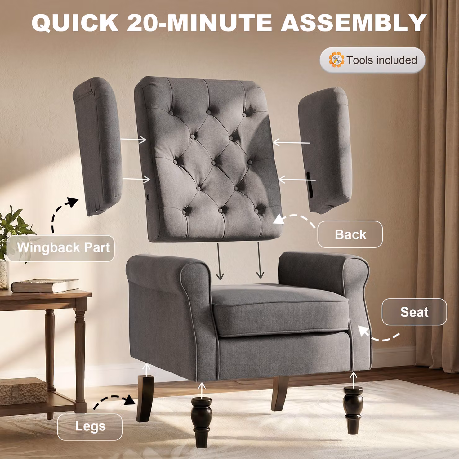 HOMCOM Wingback Occasional Armchair with Solid Wood Frame and Foam Cushion in Dark Grey Linen Fabric – 7