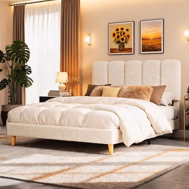 London Boutique Modern Upholstered Bouclé Platform Bed in Beige with Under-Bed Lighting and Drawers, W: 135 cm, L: 190 cm – 1