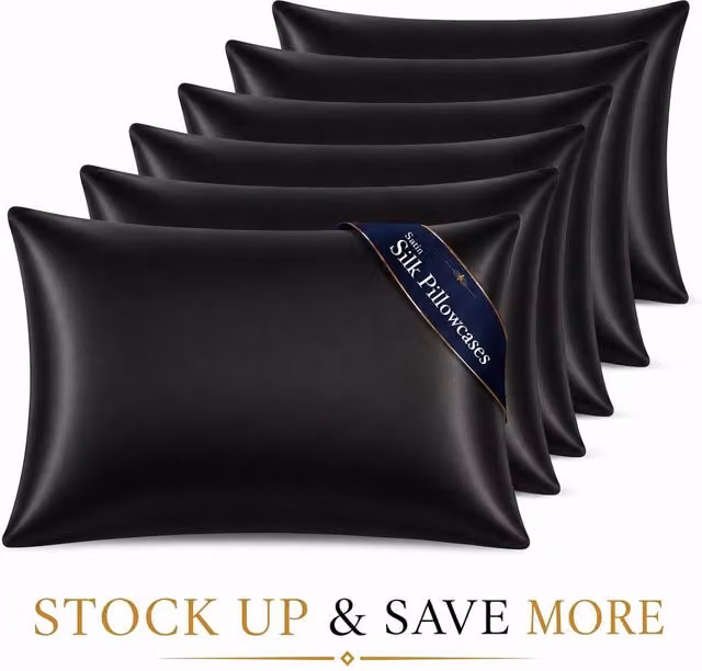 Pamposh Luxury Black Mako Satin Silk Pillowcase Set of 6, Standard Size
