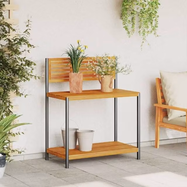 Berkfield Home Garden Work Table in Brown Acacia Wood and Steel, W/D/H: 90 x 50 x 110 cm