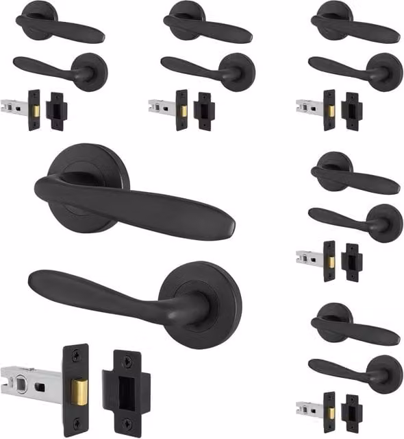 AFIT Matt Black Curved Door Handle Latch Set with Round Rose, 6 Pairs, 64mm Spacing, W/D/H: 15 x 15 x 1.5 cm