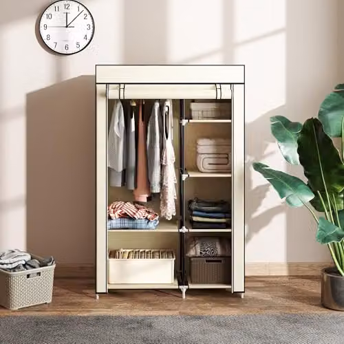 HOMCOM Fabric Wardrobe with Hanging Rail and Internal Shelves, White, W/D/H: 103 x 43 x 162.5 cm – 3