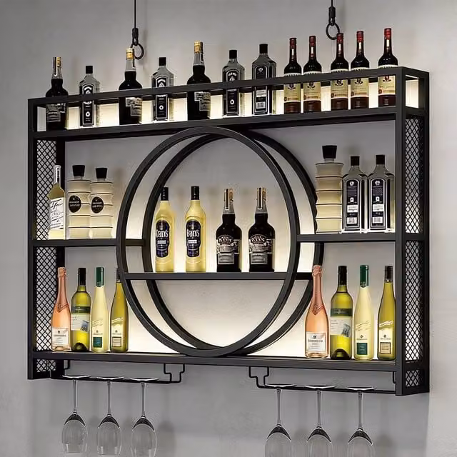 Ventryn Industrial Wall Mounted Red Wine Rack Cabinet in Matt Black with Integrated Lighting – 1